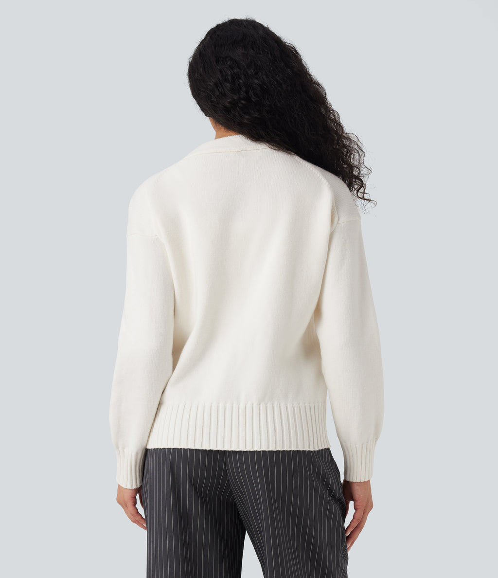 V-neck Long Sleeve Work Cardigan with Pockets — White — view 2