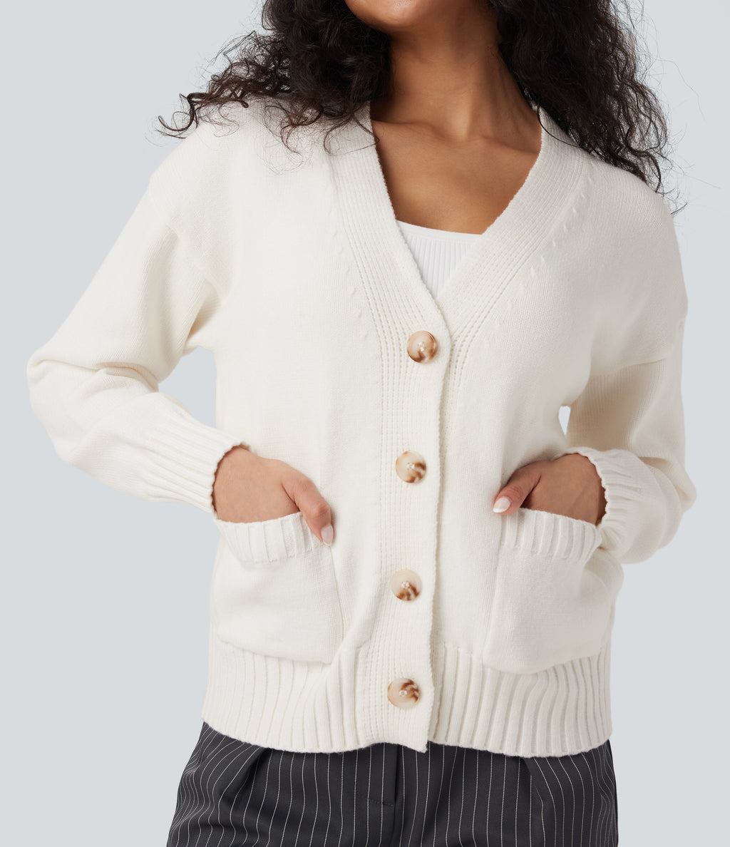 V-neck Long Sleeve Work Cardigan with Pockets — White — view 5