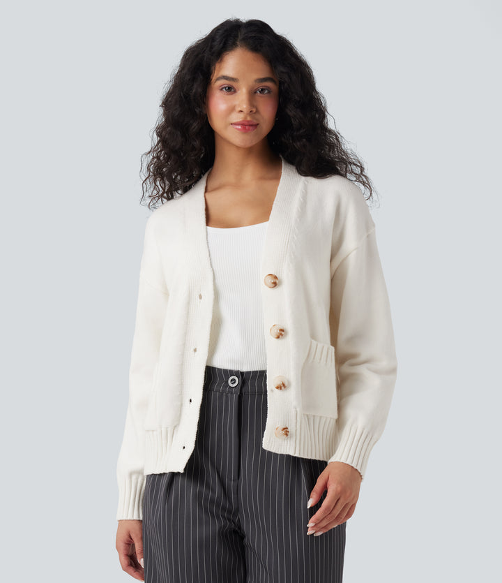 V-neck Long Sleeve Work Cardigan with Pockets — White — view 1