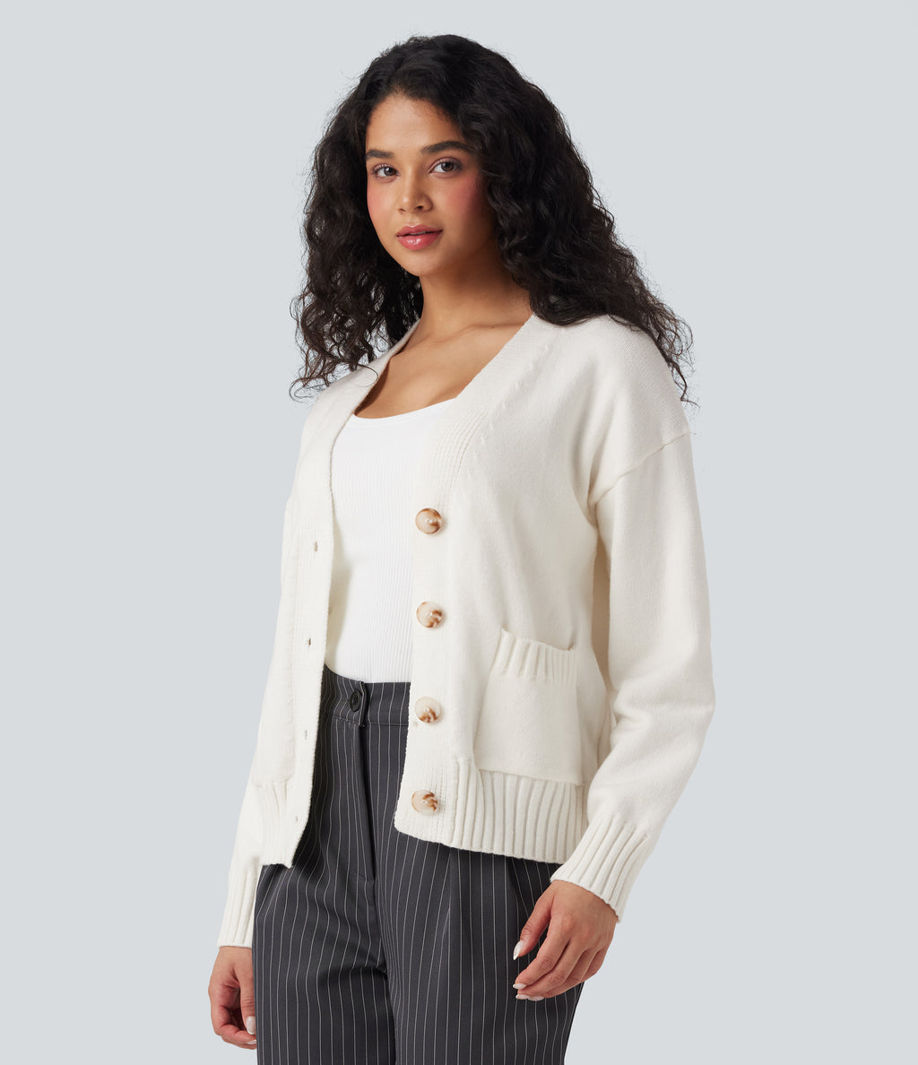 V-neck Long Sleeve Work Cardigan with Pockets — White — view 3
