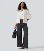 V-neck Long Sleeve Work Cardigan with Pockets — White — view 6