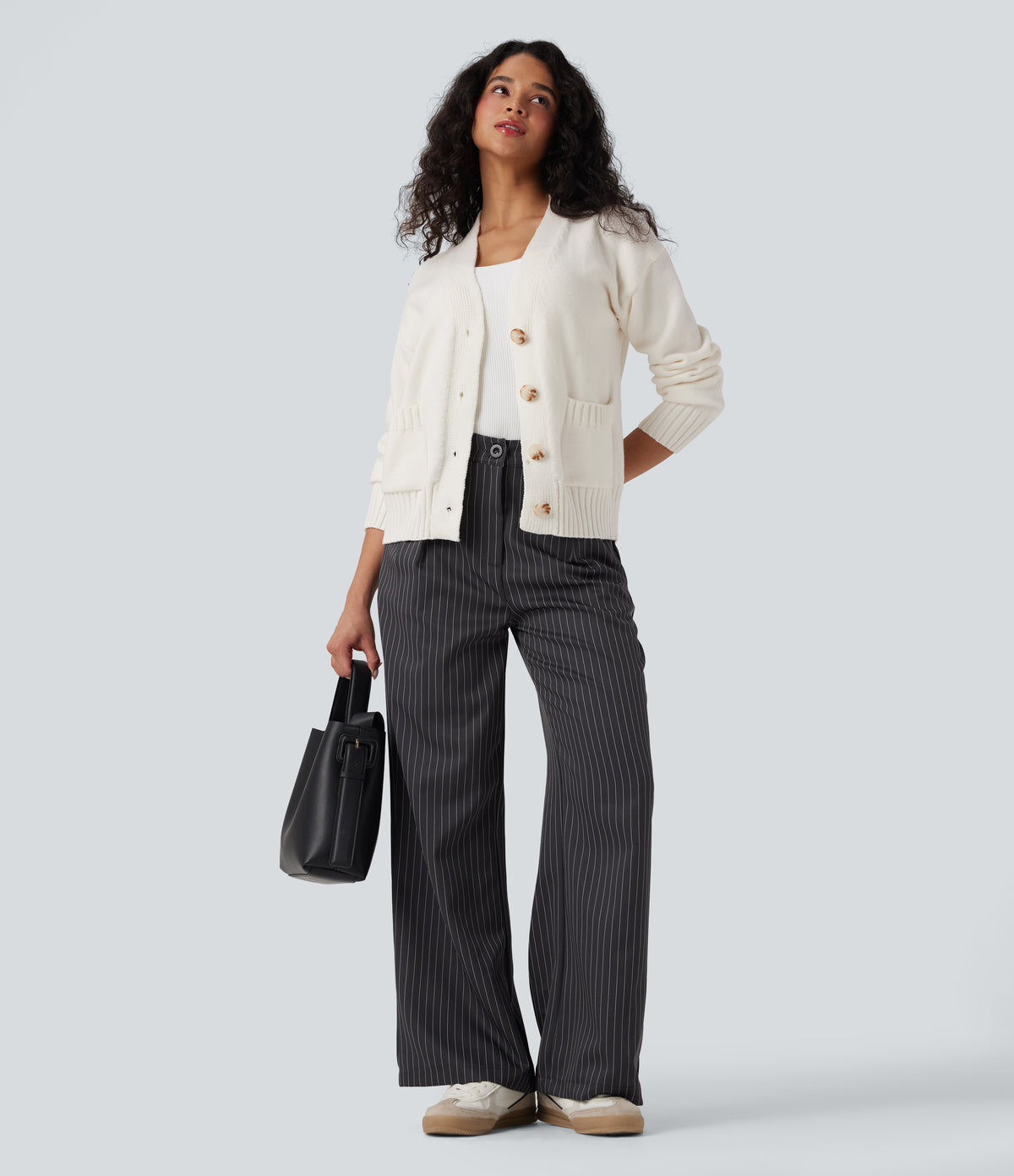 V-neck Long Sleeve Work Cardigan with Pockets — White — view 6
