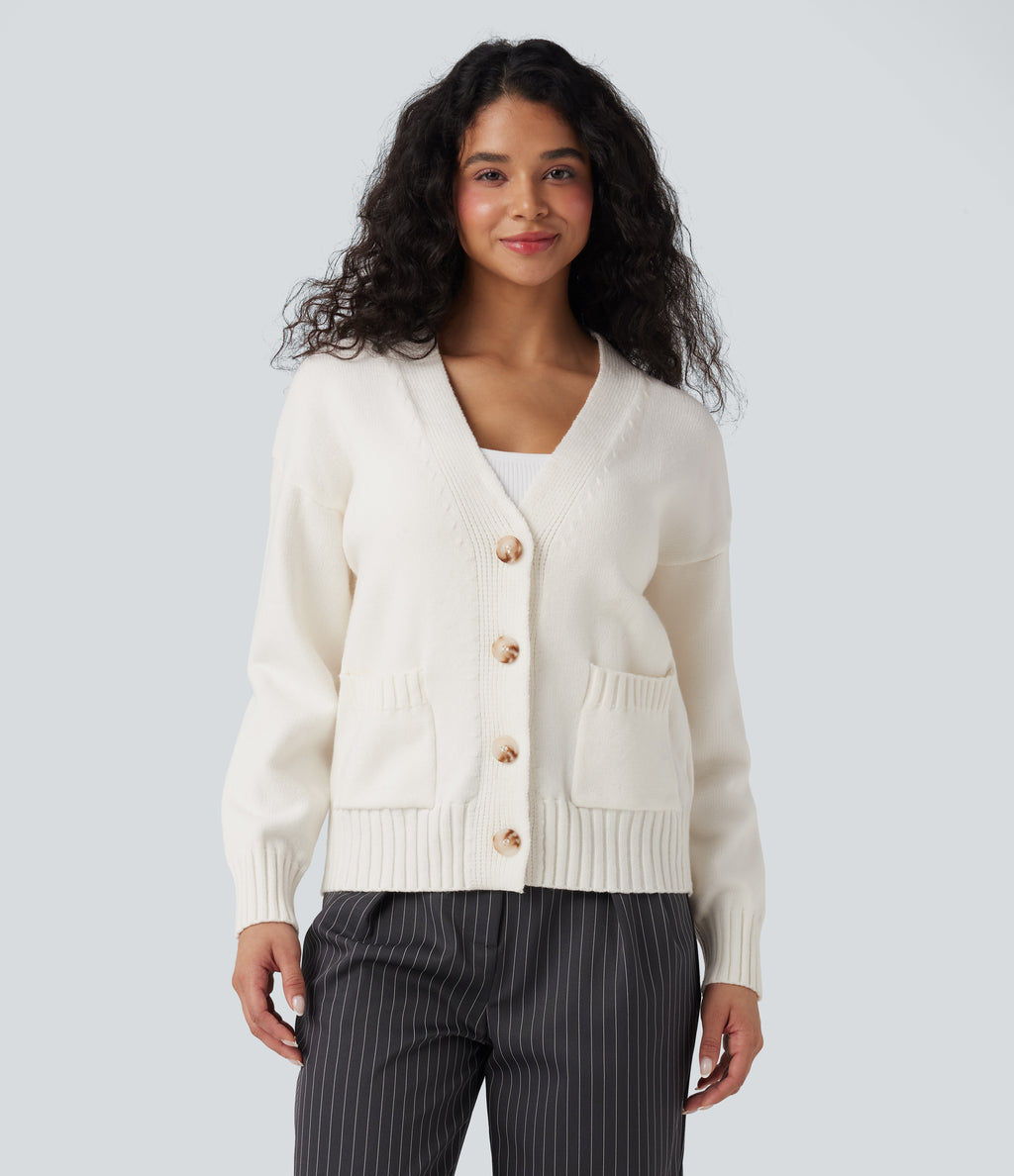 V-neck Long Sleeve Work Cardigan with Pockets — White — view 4