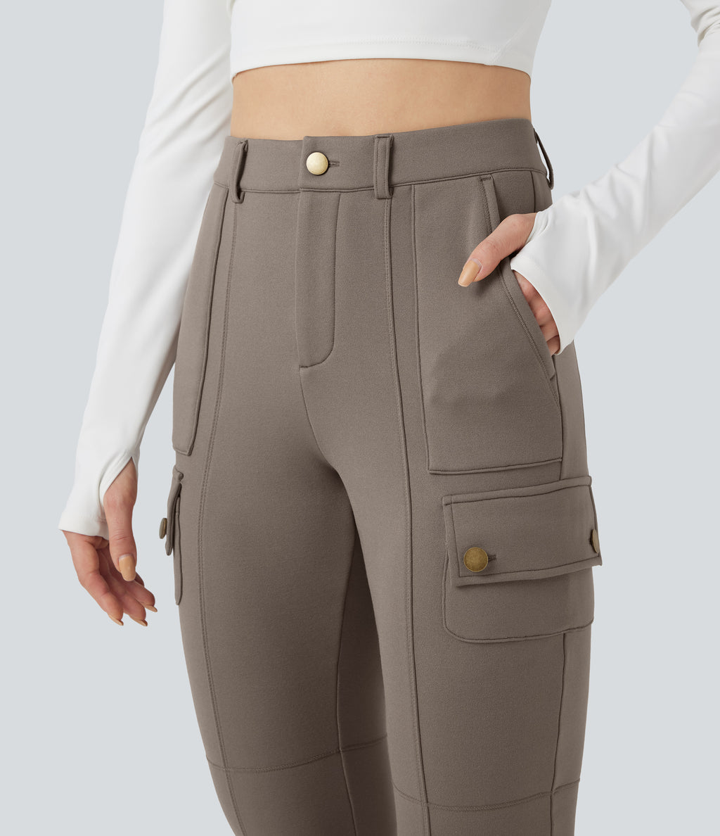 High Waisted Skinny Fleece Hiking Cargo Trousers with Pockets — Walnut — view 4