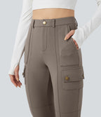 High Waisted Skinny Fleece Hiking Cargo Trousers with Pockets — Walnut — view 4
