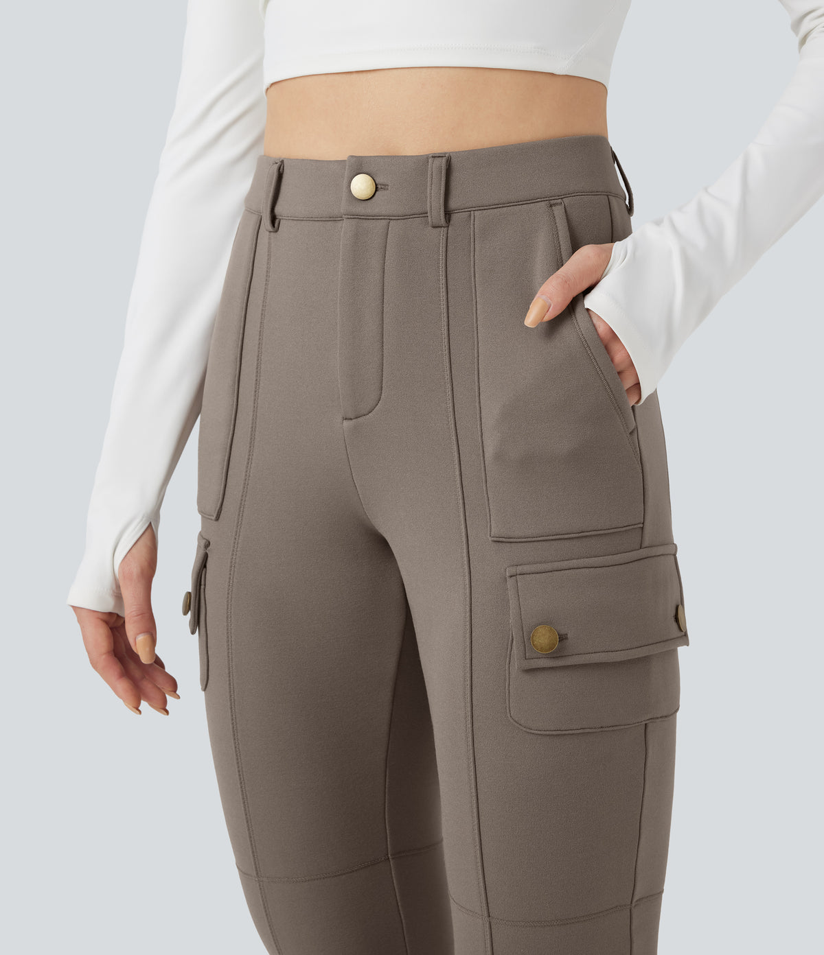 High Waisted Skinny Fleece Hiking Cargo Trousers with Pockets — Walnut — view 4