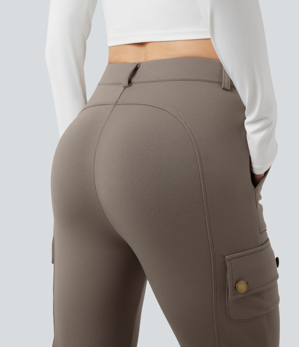 High Waisted Skinny Fleece Hiking Cargo Trousers with Pockets — Walnut — view 5
