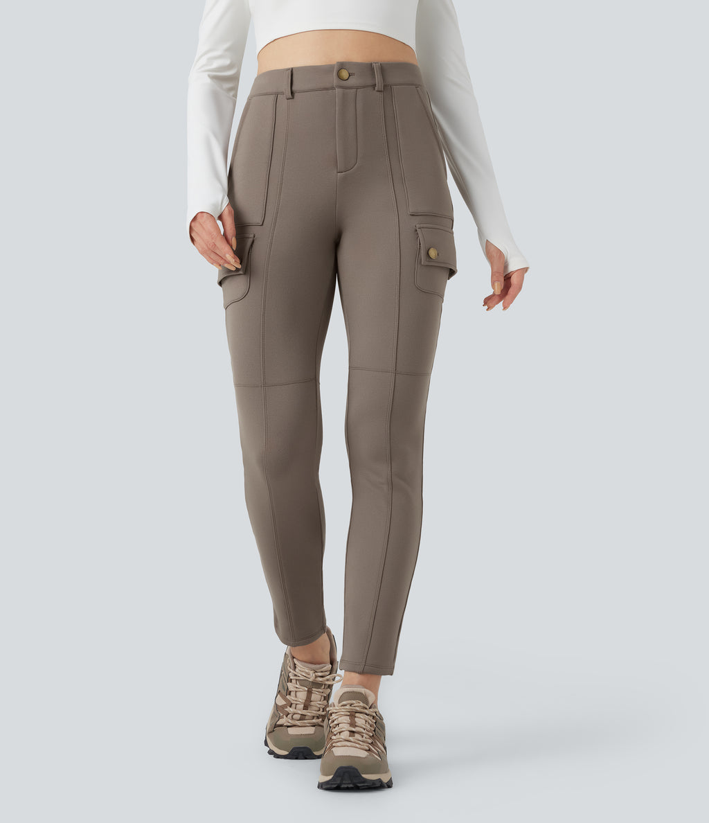 High Waisted Skinny Fleece Hiking Cargo Trousers with Pockets — Walnut — view 3