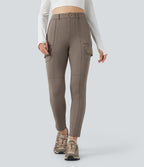 High Waisted Skinny Fleece Hiking Cargo Trousers with Pockets — Walnut — view 3