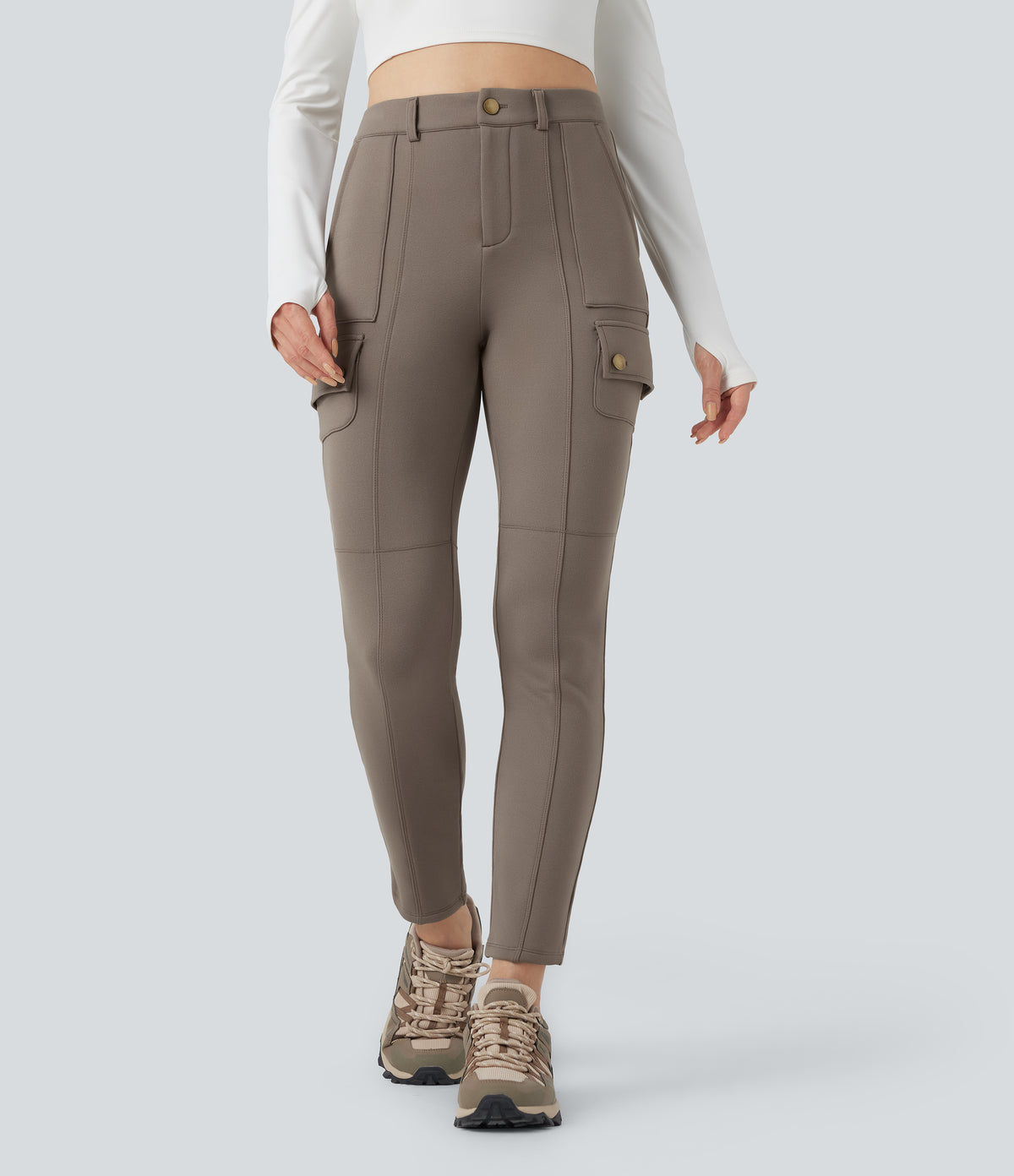 High Waisted Skinny Fleece Hiking Cargo Trousers with Pockets — Walnut — view 3