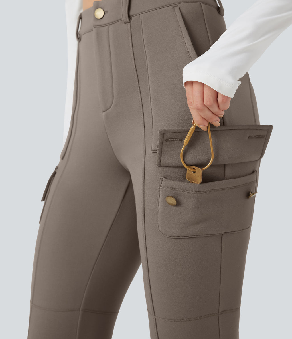 High Waisted Skinny Fleece Hiking Cargo Trousers with Pockets — Walnut — view 6