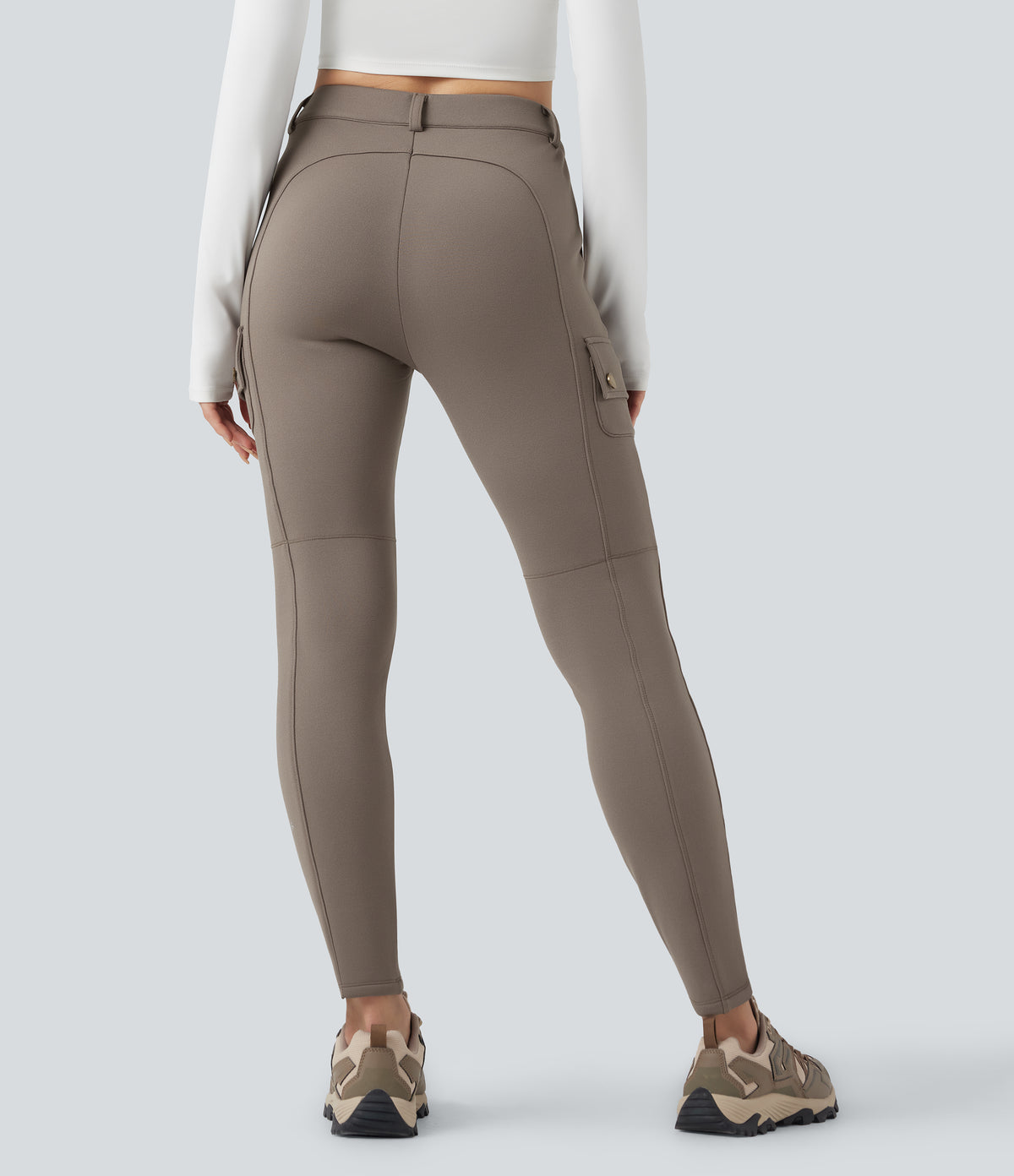 High Waisted Skinny Fleece Hiking Cargo Trousers with Pockets — Walnut — view 2