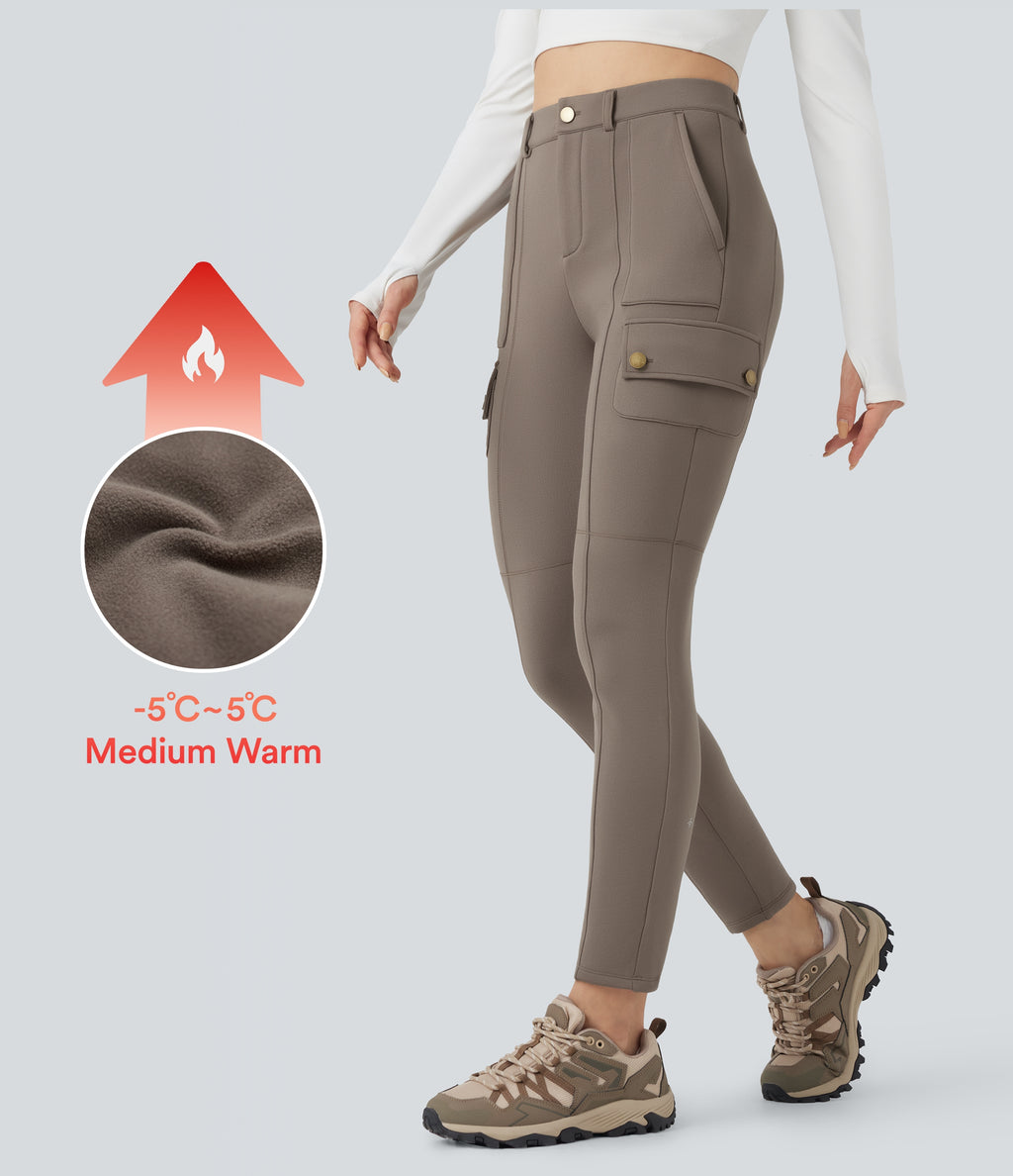 High Waisted Skinny Fleece Hiking Cargo Trousers with Pockets — Walnut — view 1