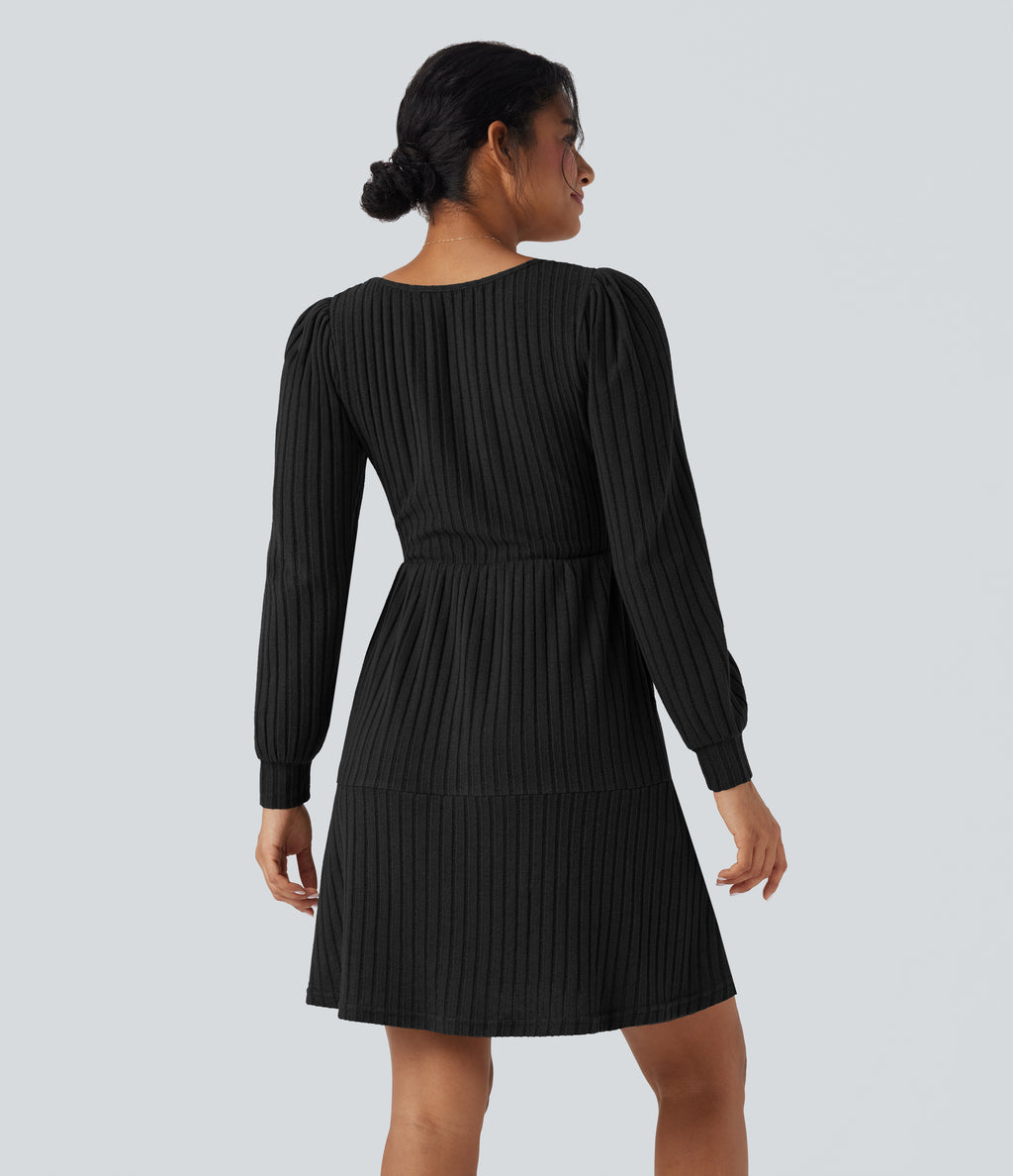 Ribbed Knit Square Neck Puff Long Sleeve Casual Dress with Pockets — Black — view 2