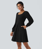 Ribbed Knit Square Neck Puff Long Sleeve Casual Dress with Pockets — Black — view 1