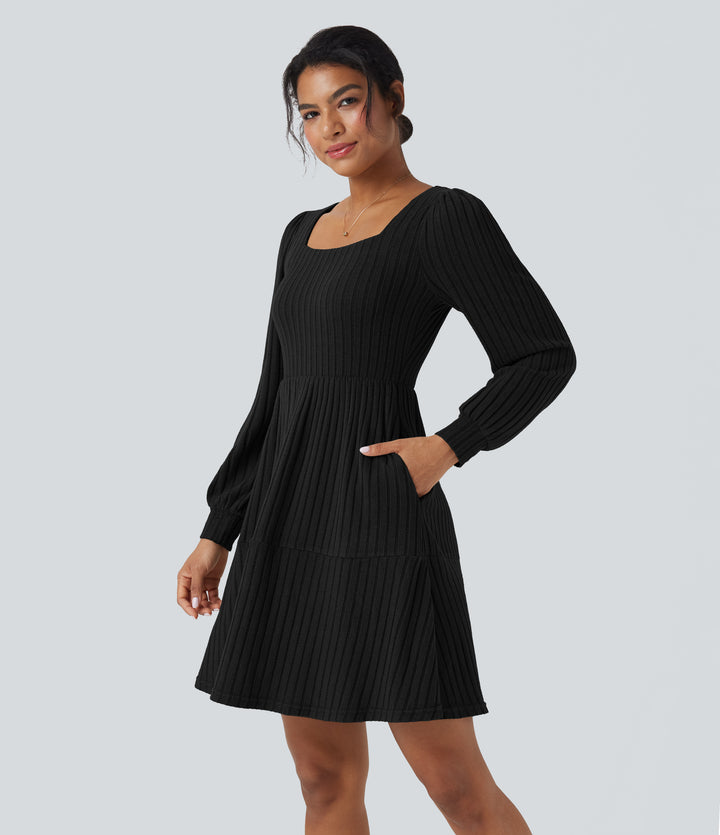 Ribbed Knit Square Neck Puff Long Sleeve Casual Dress with Pockets — Black — view 1