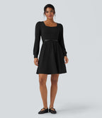 Ribbed Knit Square Neck Puff Long Sleeve Casual Dress with Pockets — Black — view 7