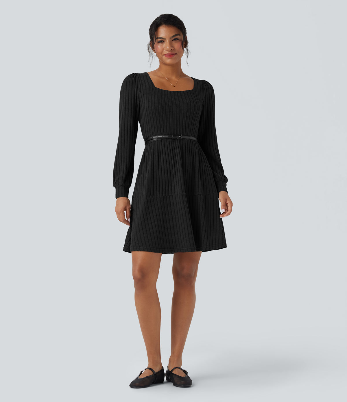 Ribbed Knit Square Neck Puff Long Sleeve Casual Dress with Pockets — Black — view 7