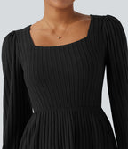Ribbed Knit Square Neck Puff Long Sleeve Casual Dress with Pockets — Black — view 4