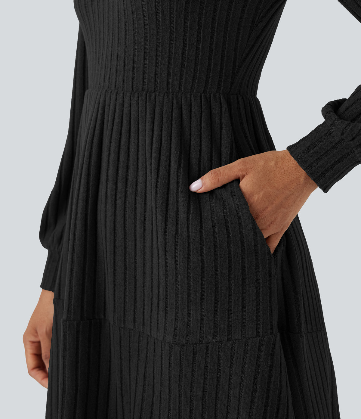 Ribbed Knit Square Neck Puff Long Sleeve Casual Dress with Pockets — Black — view 5