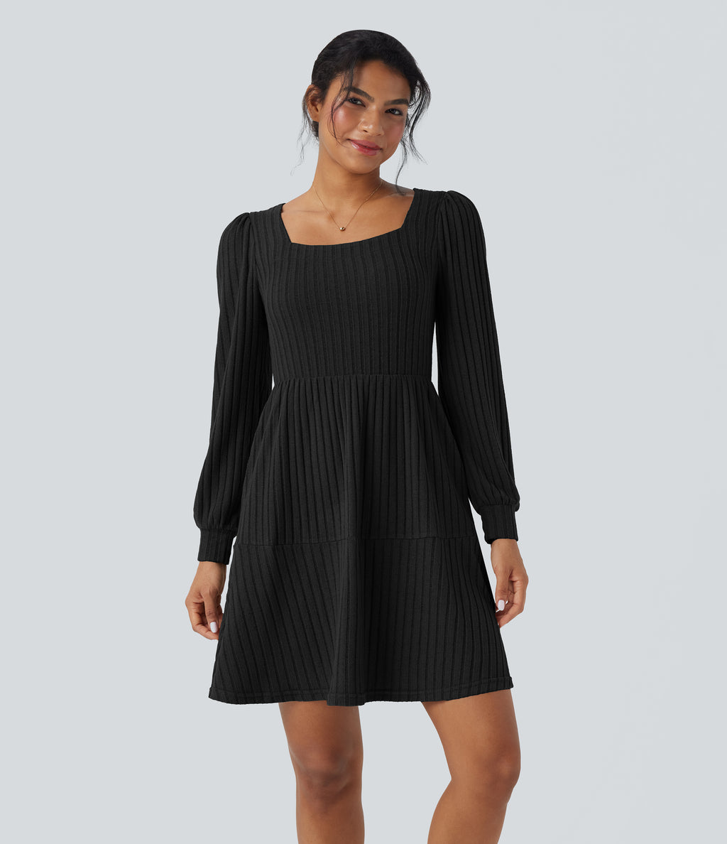 Ribbed Knit Square Neck Puff Long Sleeve Casual Dress with Pockets — Black — view 3