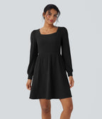 Ribbed Knit Square Neck Puff Long Sleeve Casual Dress with Pockets — Black — view 3