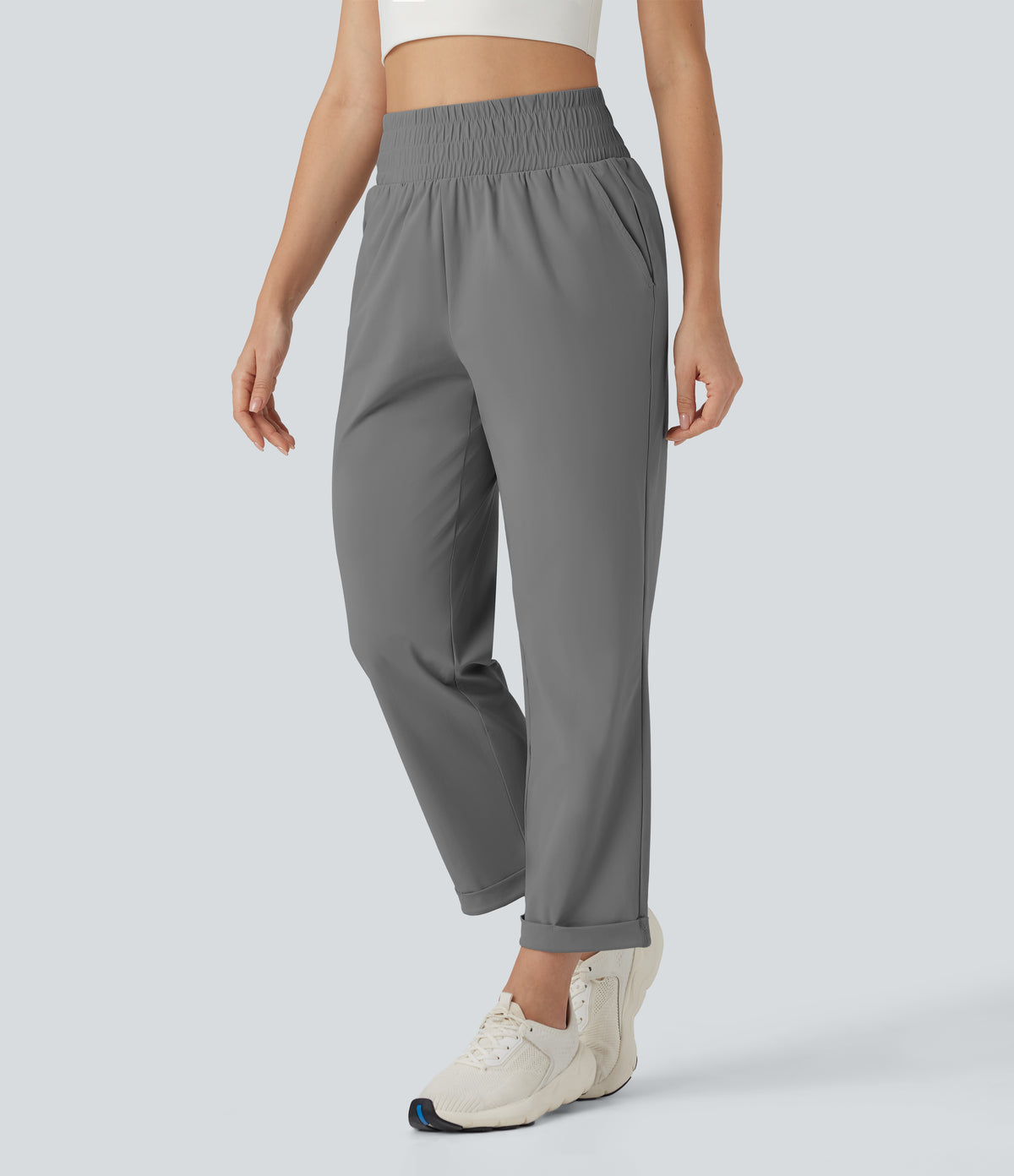High Waisted Tapered Yoga Trousers with Pockets — Steel Gray — view 3