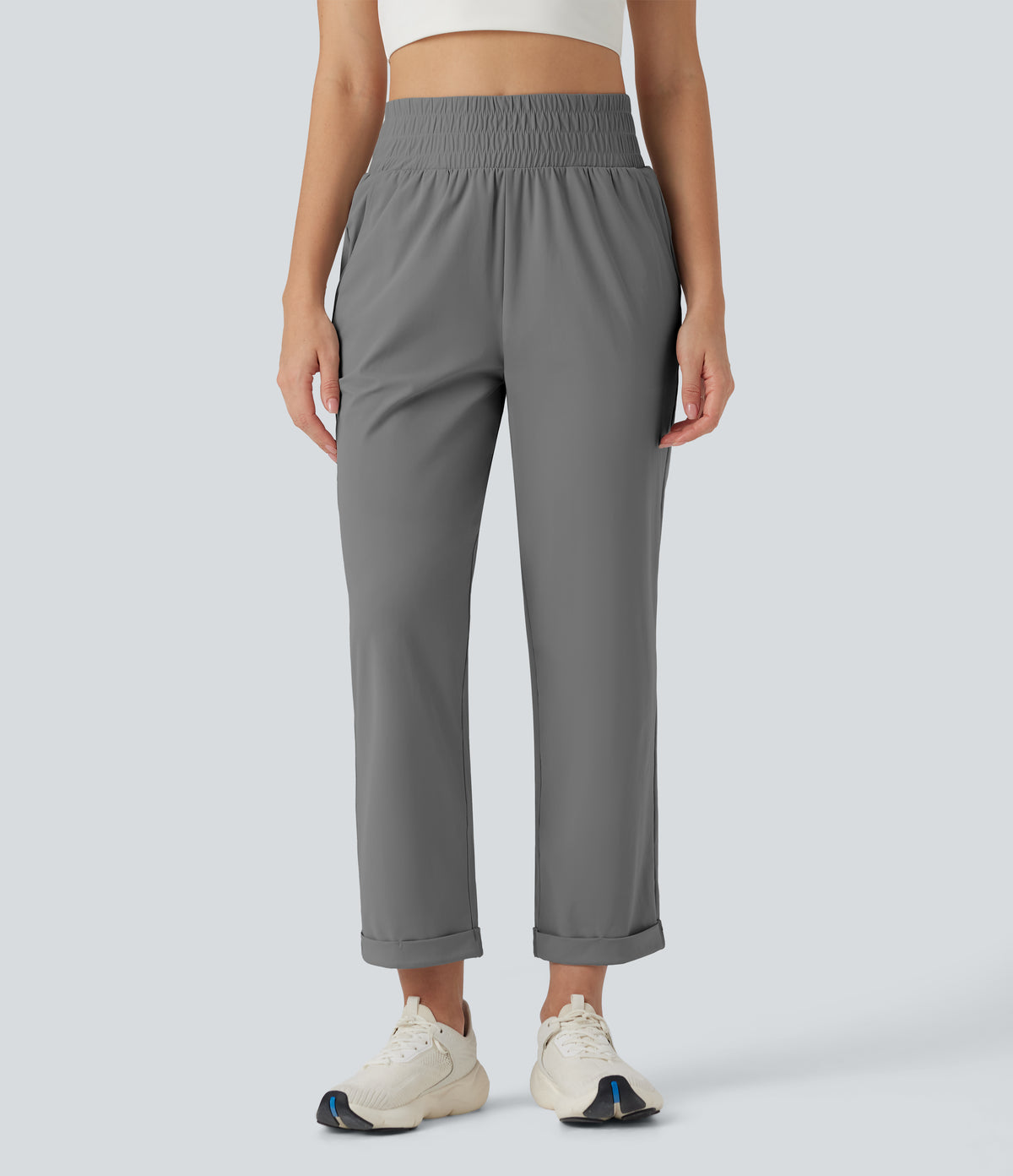 High Waisted Tapered Yoga Trousers with Pockets — Steel Gray — view 2
