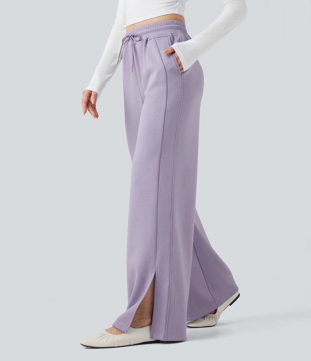 High Waisted Drawstring Casual Trousers with Pockets — English Hyacinth — view 1
