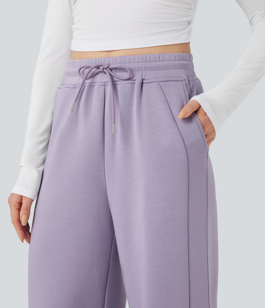 High Waisted Drawstring Casual Trousers with Pockets — English Hyacinth — view 5