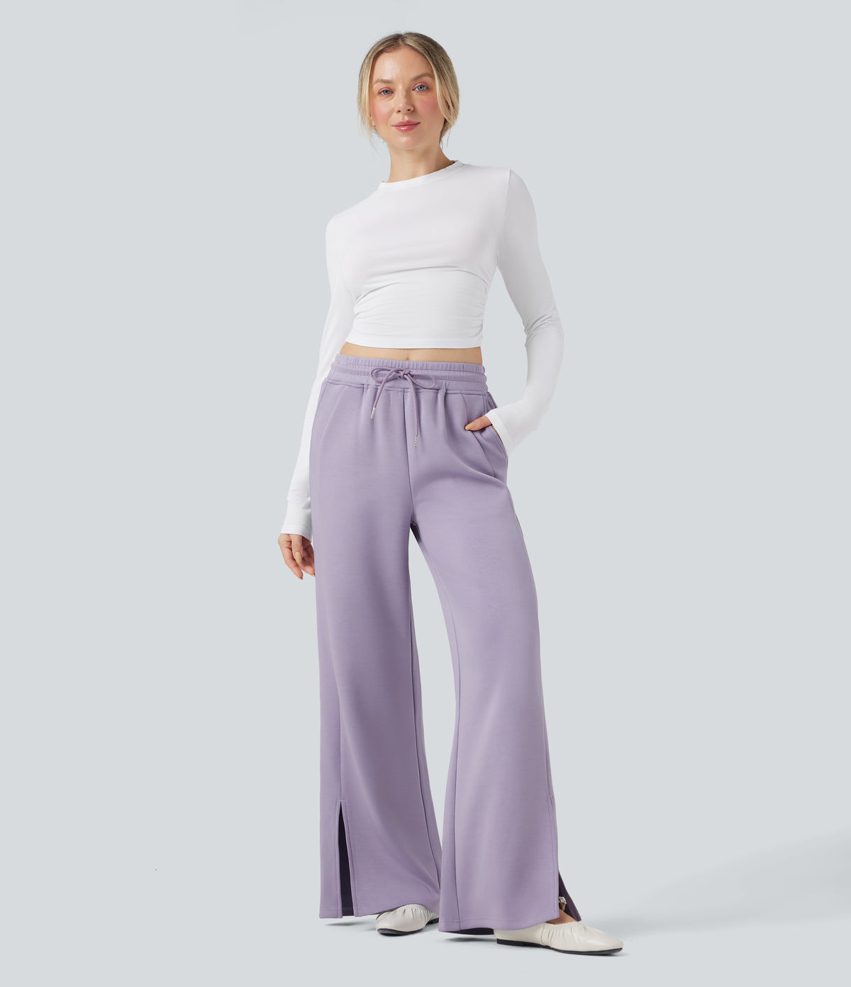 High Waisted Drawstring Casual Trousers with Pockets — English Hyacinth — view 7
