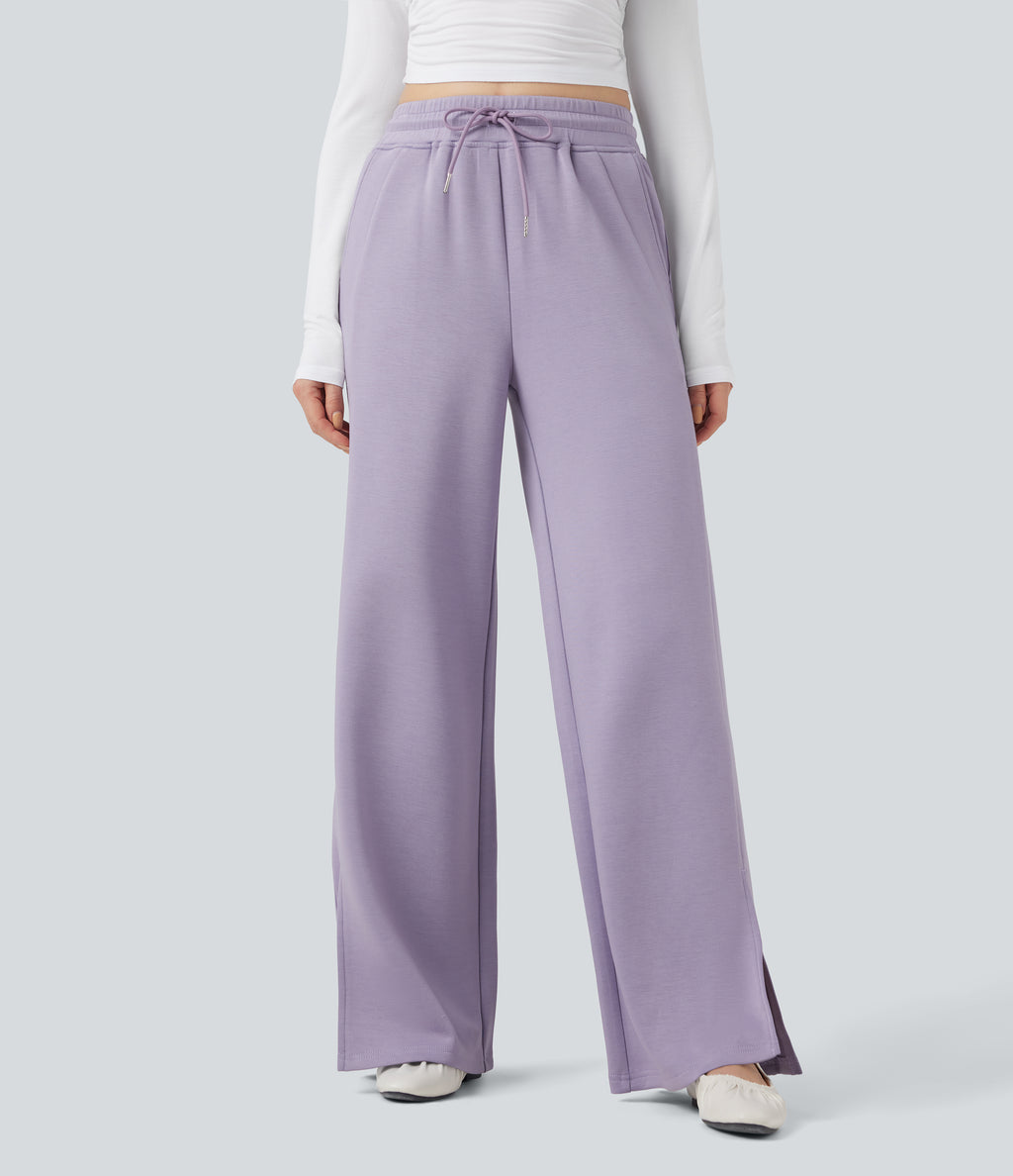 High Waisted Drawstring Casual Trousers with Pockets — English Hyacinth — view 3