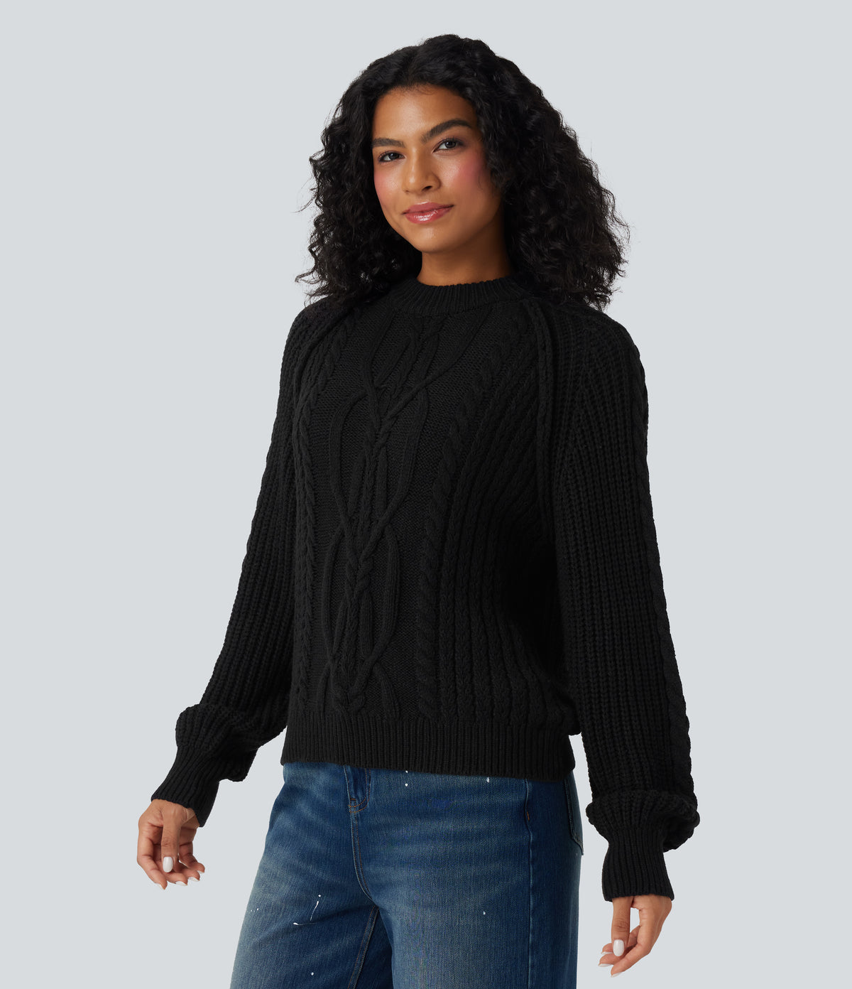 Round Neck Raglan Long Sleeve Relaxed Cable Knit Casual Jumper — Black — view 4