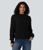 Round Neck Raglan Long Sleeve Relaxed Cable Knit Casual Jumper — Black — view 3