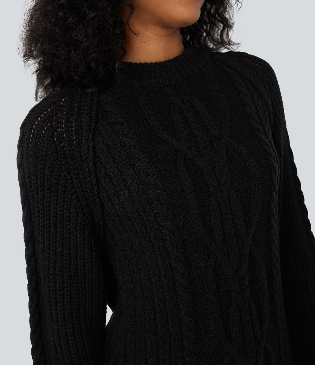 Round Neck Raglan Long Sleeve Relaxed Cable Knit Casual Jumper — Black — view 5