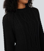 Round Neck Raglan Long Sleeve Relaxed Cable Knit Casual Jumper — Black — view 5