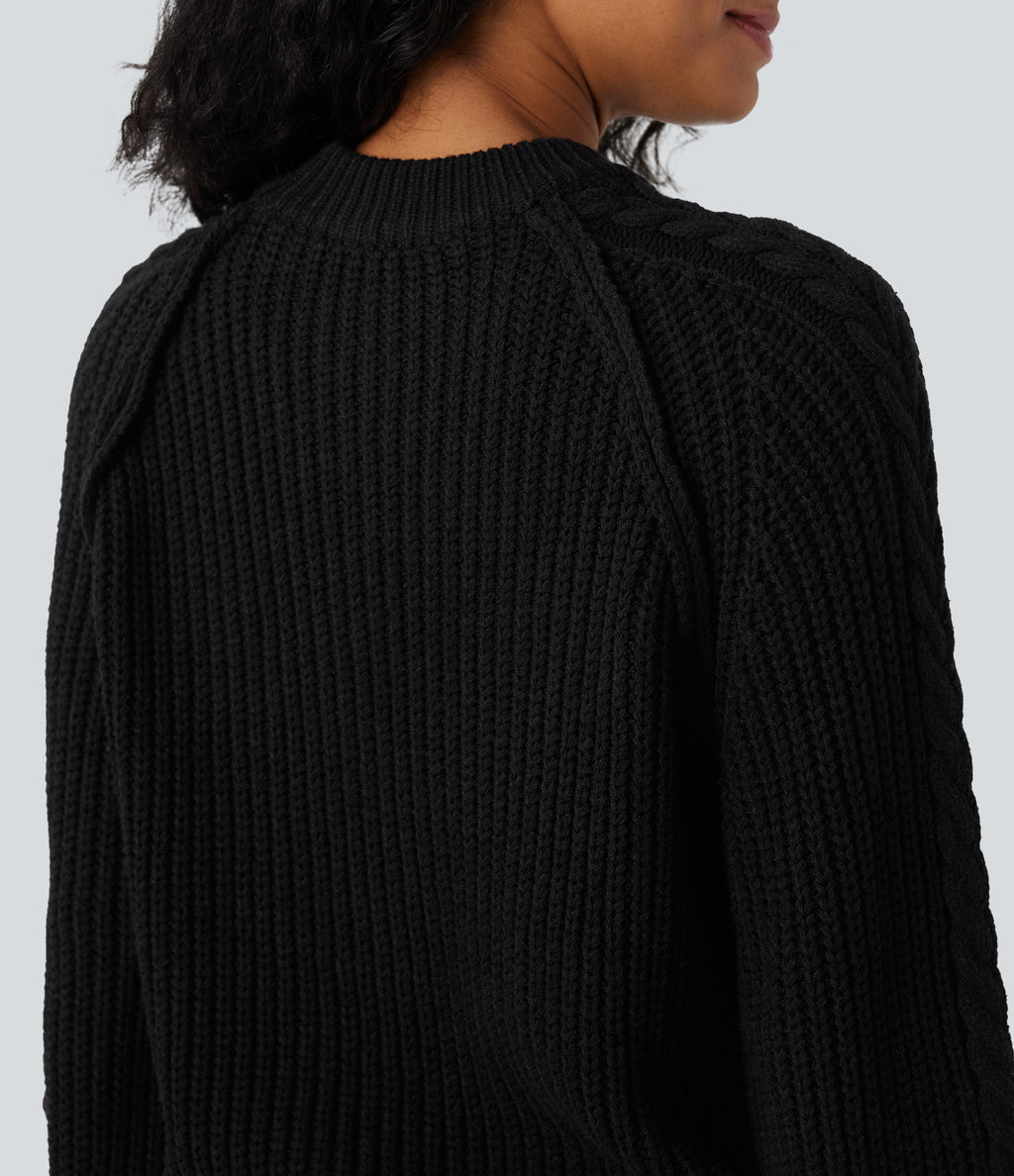 Round Neck Raglan Long Sleeve Relaxed Cable Knit Casual Jumper — Black — view 6