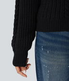 Round Neck Raglan Long Sleeve Relaxed Cable Knit Casual Jumper — Black — view 7