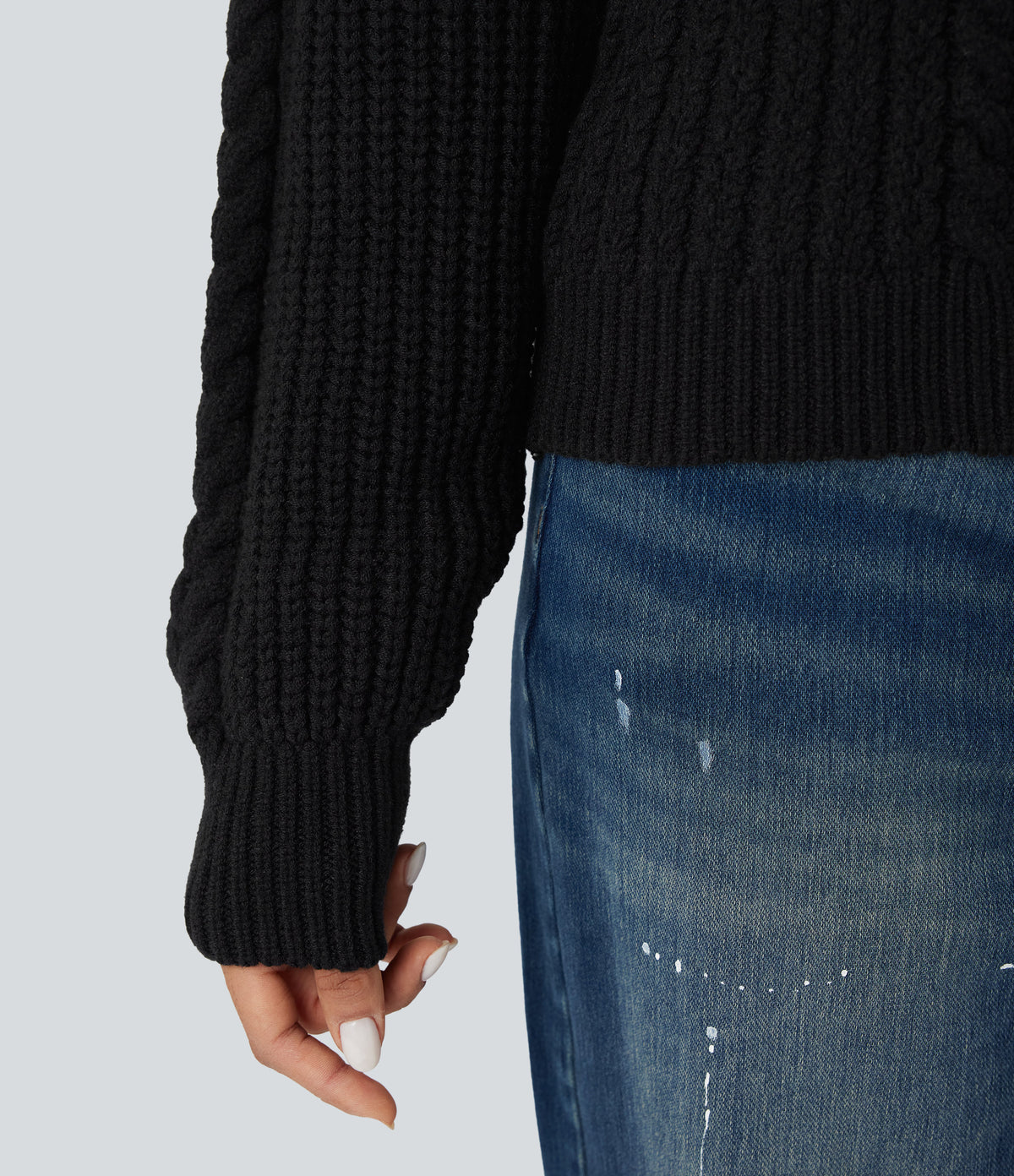Round Neck Raglan Long Sleeve Relaxed Cable Knit Casual Jumper — Black — view 7