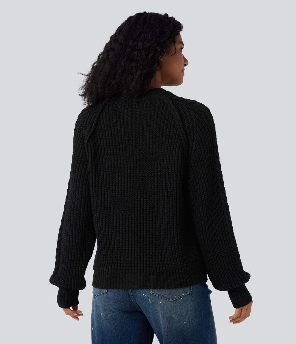 Round Neck Raglan Long Sleeve Relaxed Cable Knit Casual Jumper — Black — view 2
