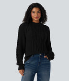 Round Neck Raglan Long Sleeve Relaxed Cable Knit Casual Jumper — Black — view 1