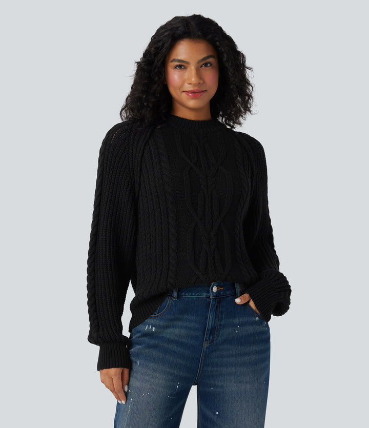 Round Neck Raglan Long Sleeve Relaxed Cable Knit Casual Jumper — Black — view 1