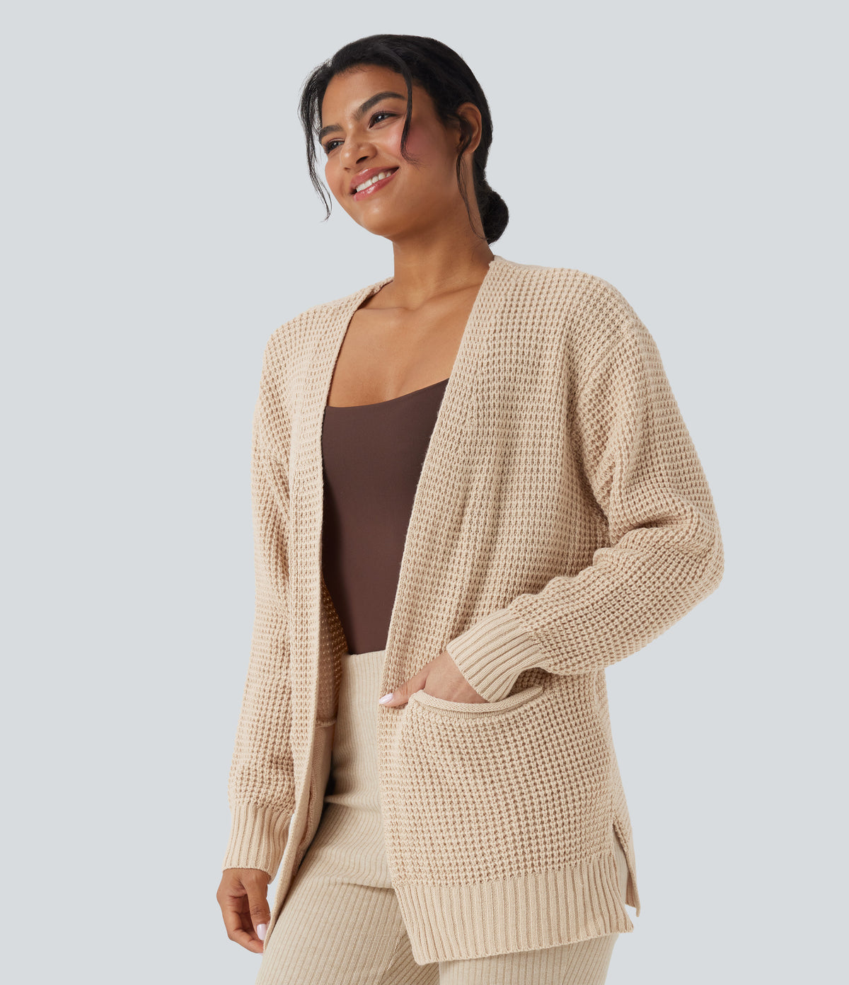 Long Sleeve Waffle Casual Cardigan with Pockets — White Swan — view 3