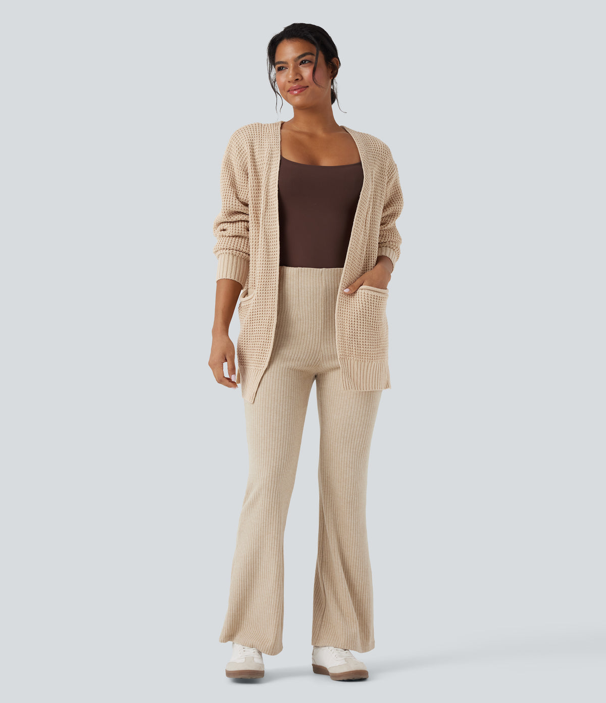 Long Sleeve Waffle Casual Cardigan with Pockets — White Swan — view 6