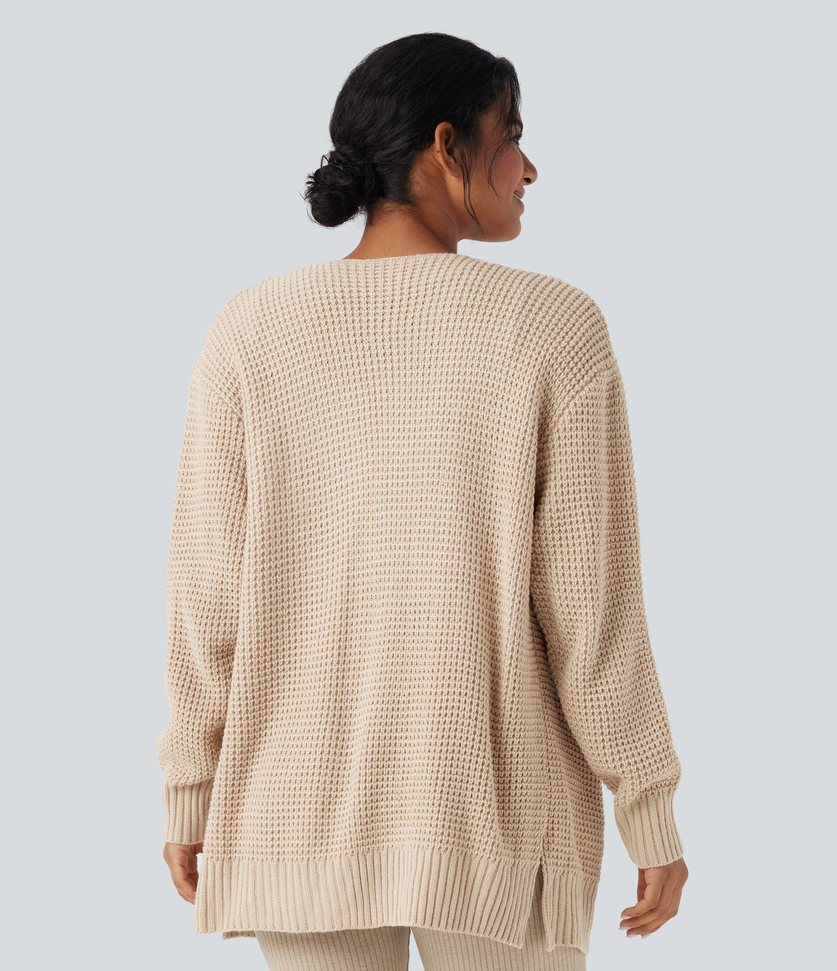 Long Sleeve Waffle Casual Cardigan with Pockets — White Swan — view 2