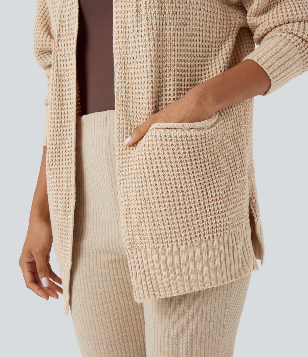 Long Sleeve Waffle Casual Cardigan with Pockets — White Swan — view 4