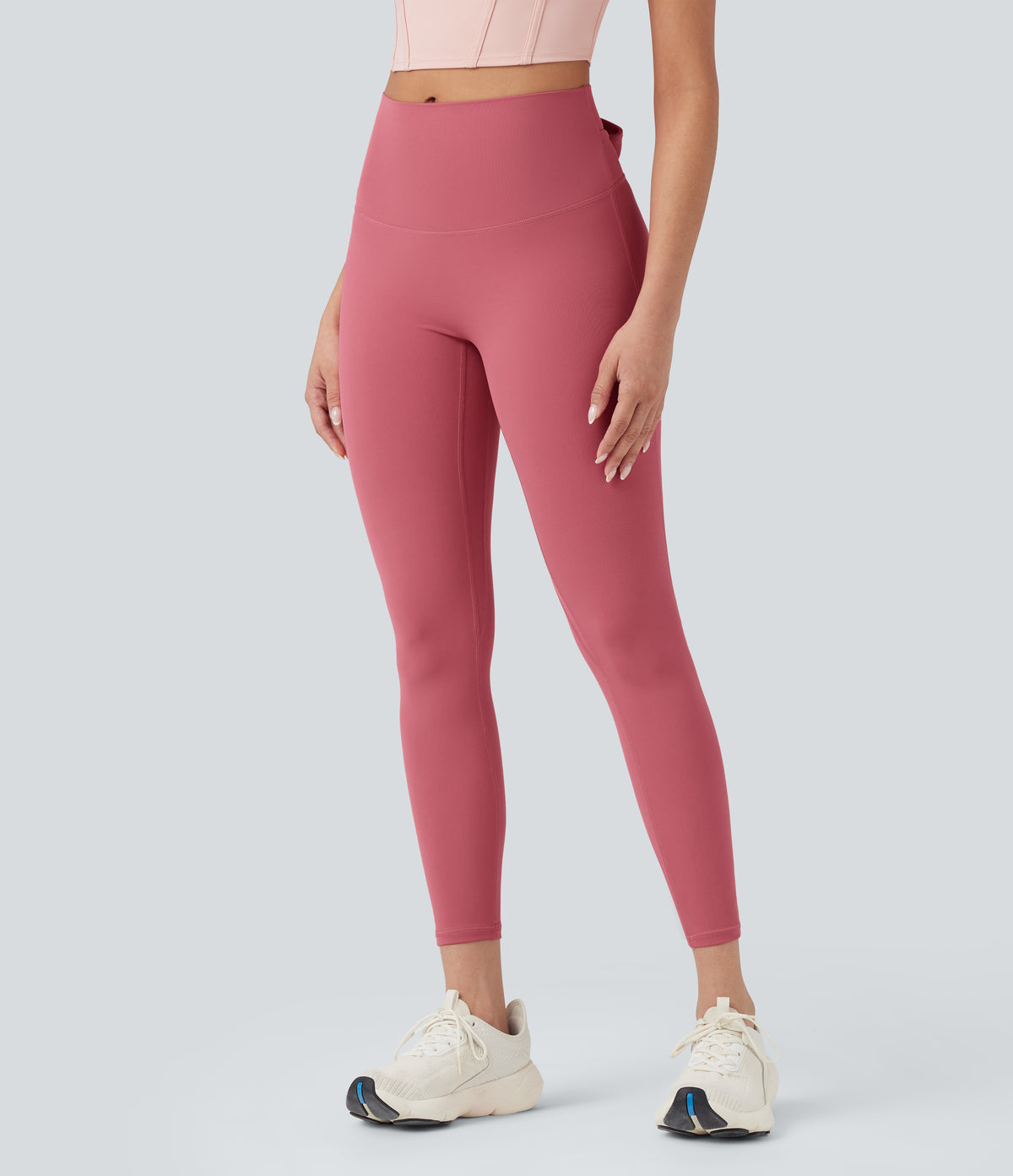 High Waisted Tie Back Ruched 7/8 Yoga Leggings — Begonia Rouge — view 3