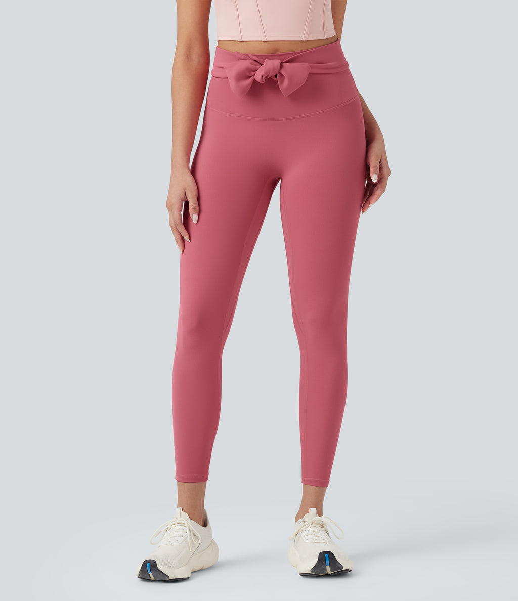 High Waisted Tie Back Ruched 7/8 Yoga Leggings — Begonia Rouge — view 4