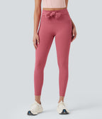 High Waisted Tie Back Ruched 7/8 Yoga Leggings — Begonia Rouge — view 4
