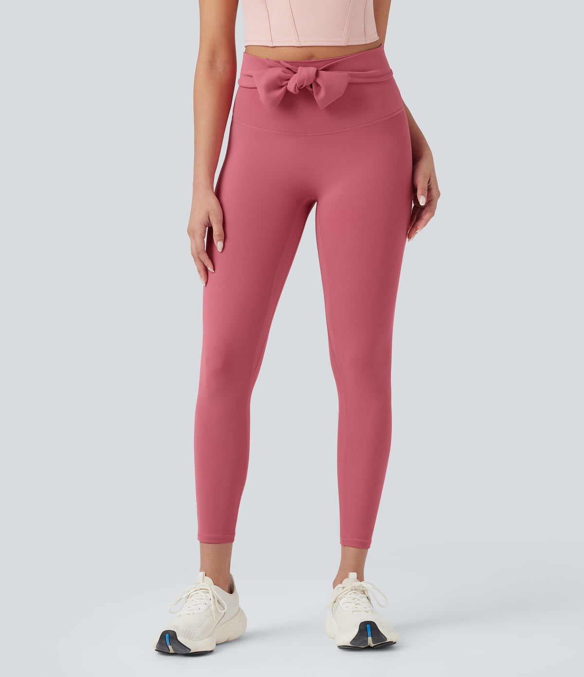 High Waisted Tie Back Ruched 7/8 Yoga Leggings — Begonia Rouge — view 4